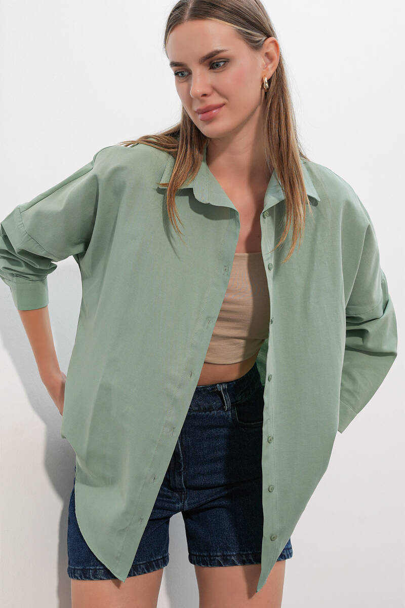 3900 Oversize Uzun Basic Gömlek - Su Yeşili - BİGDART