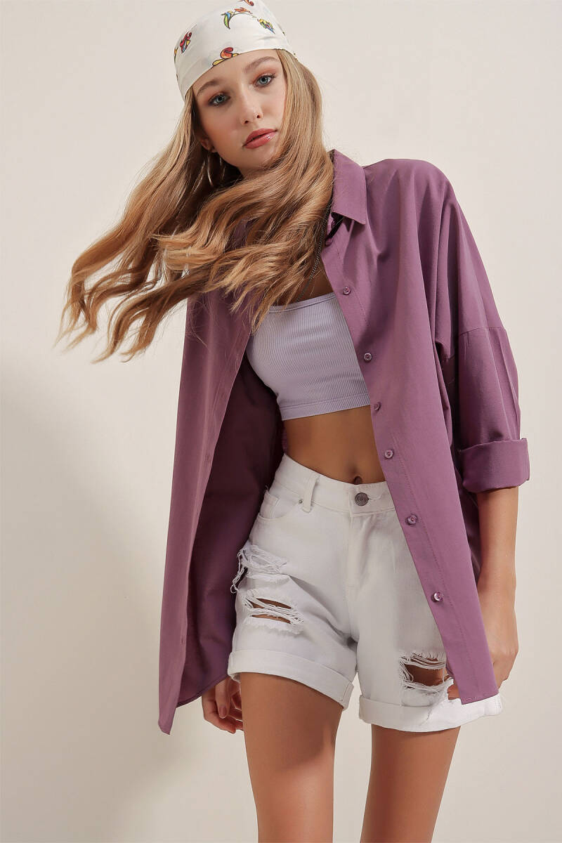 3900 Oversize Uzun Basic Gömlek - Koyu Lila - BİGDART