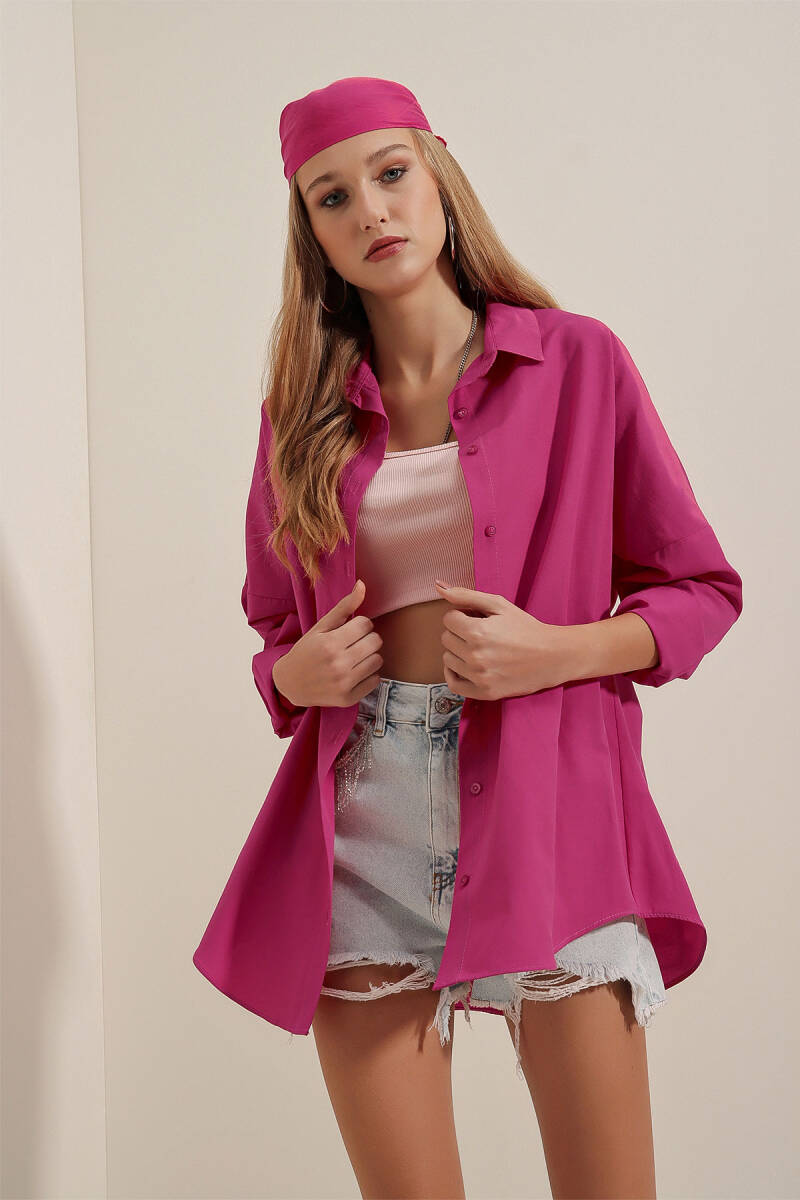 3900 Oversize Uzun Basic Gömlek - Koyu Pembe (1)