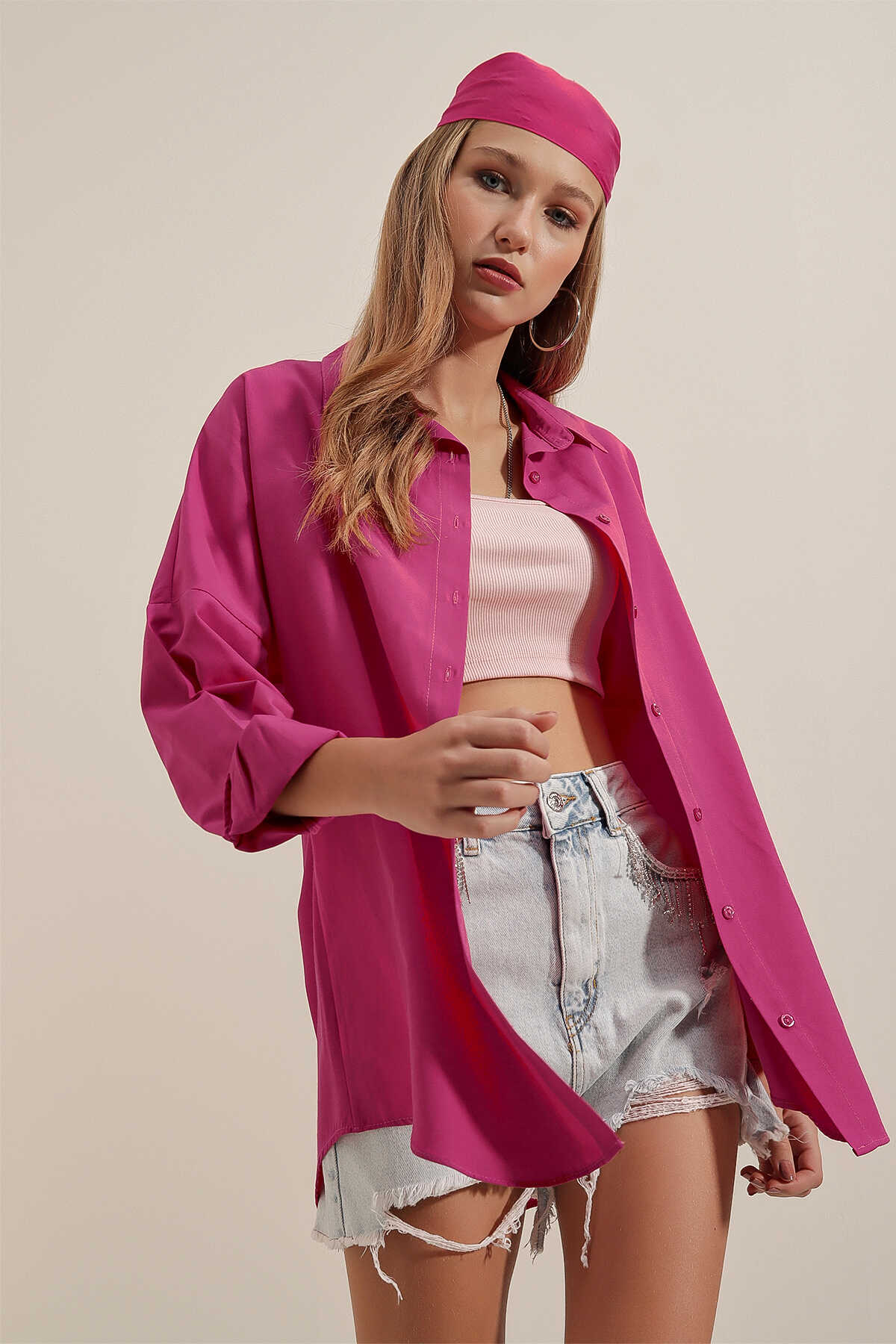 3900 Oversize Uzun Basic Gömlek - Koyu Pembe - 4
