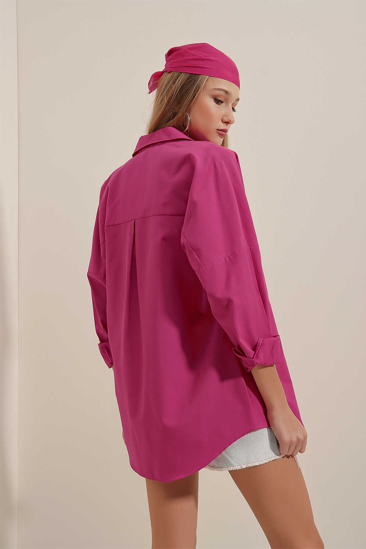 3900 Oversize Uzun Basic Gömlek - Koyu Pembe - 7