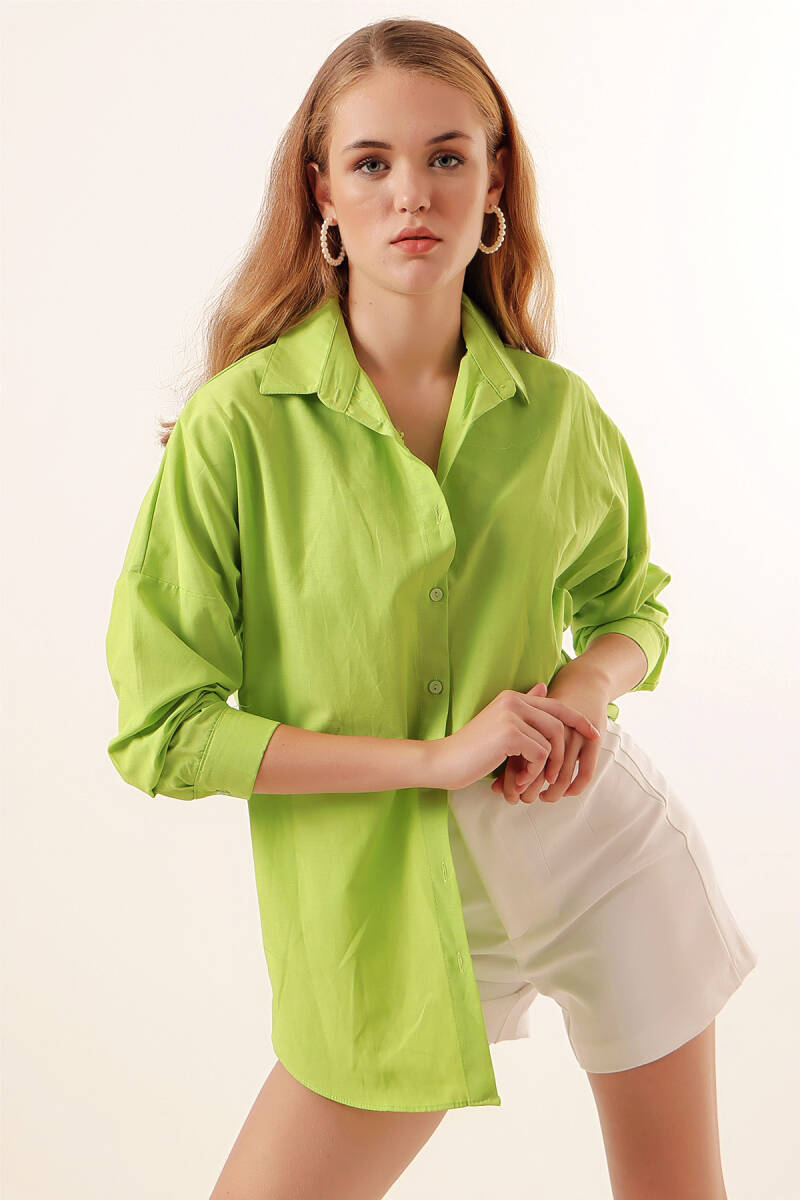 3900 Oversize Uzun Basic Gömlek - Çağla - BİGDART