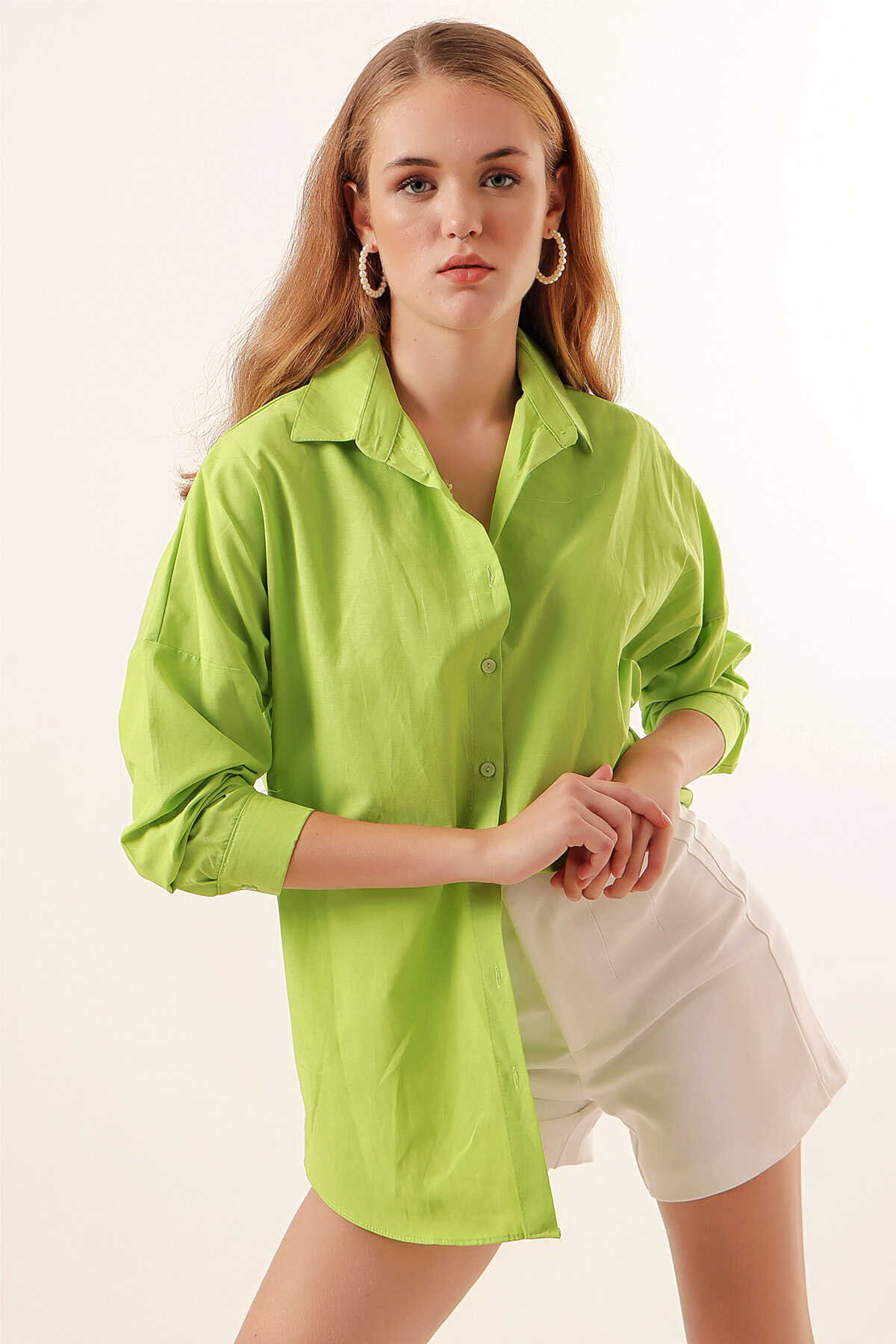 3900 Oversize Uzun Basic Gömlek - Çağla - 1
