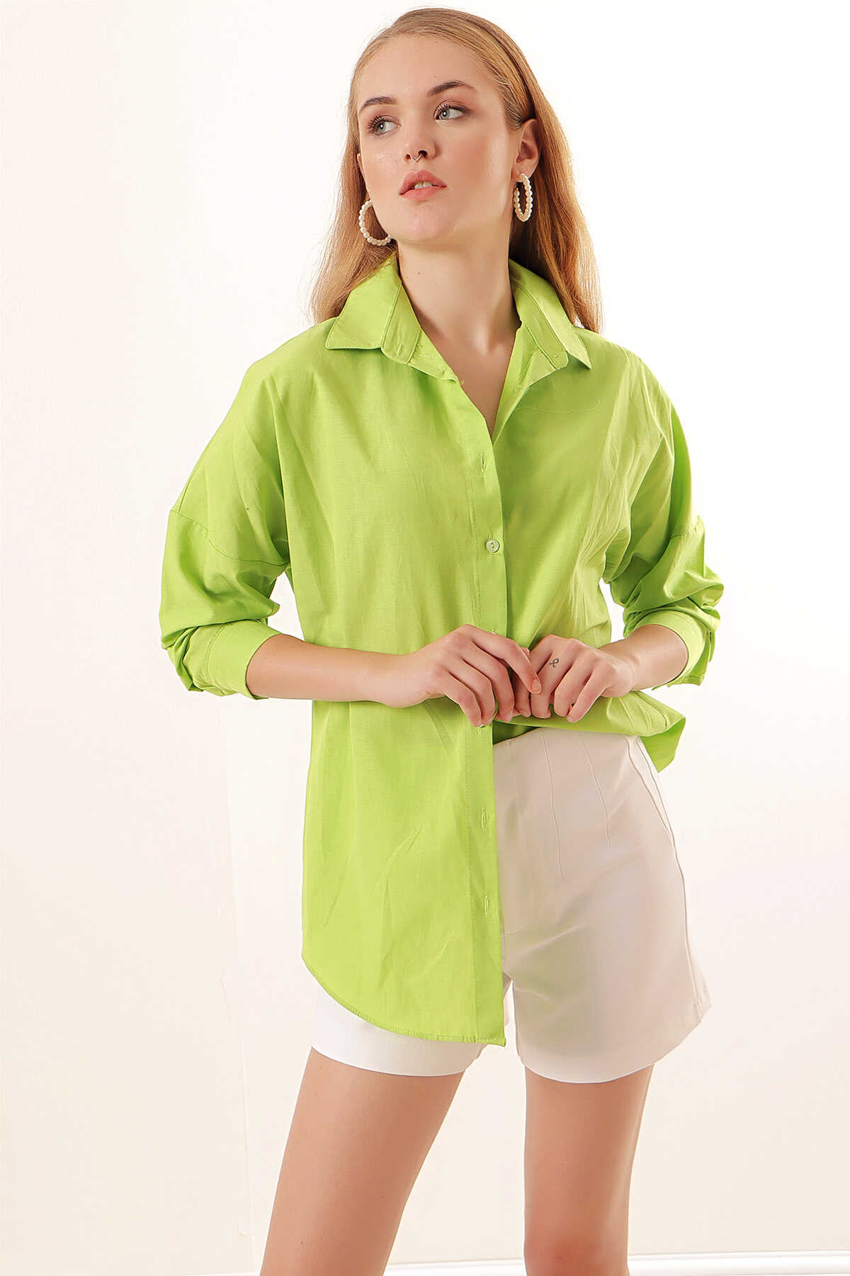 3900 Oversize Uzun Basic Gömlek - Çağla - 3