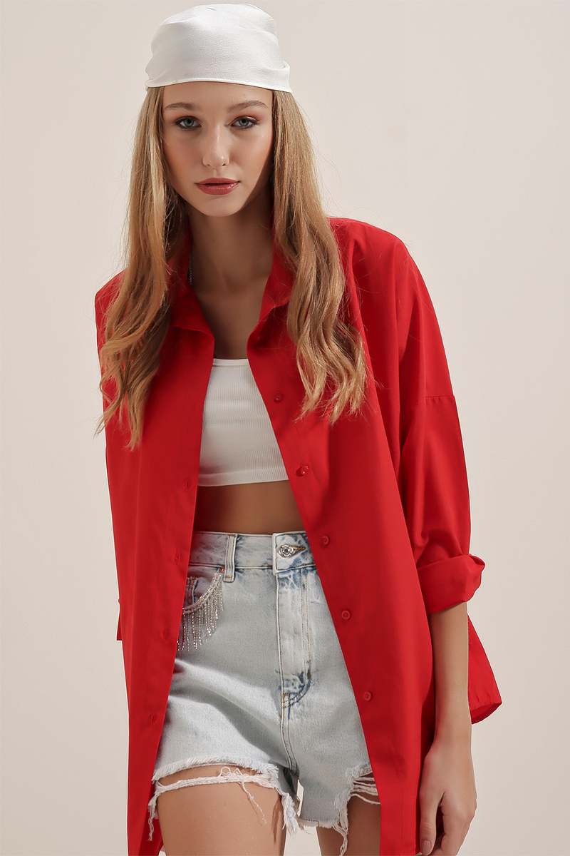 3900 Oversize Uzun Basic Gömlek - Bordo - BİGDART