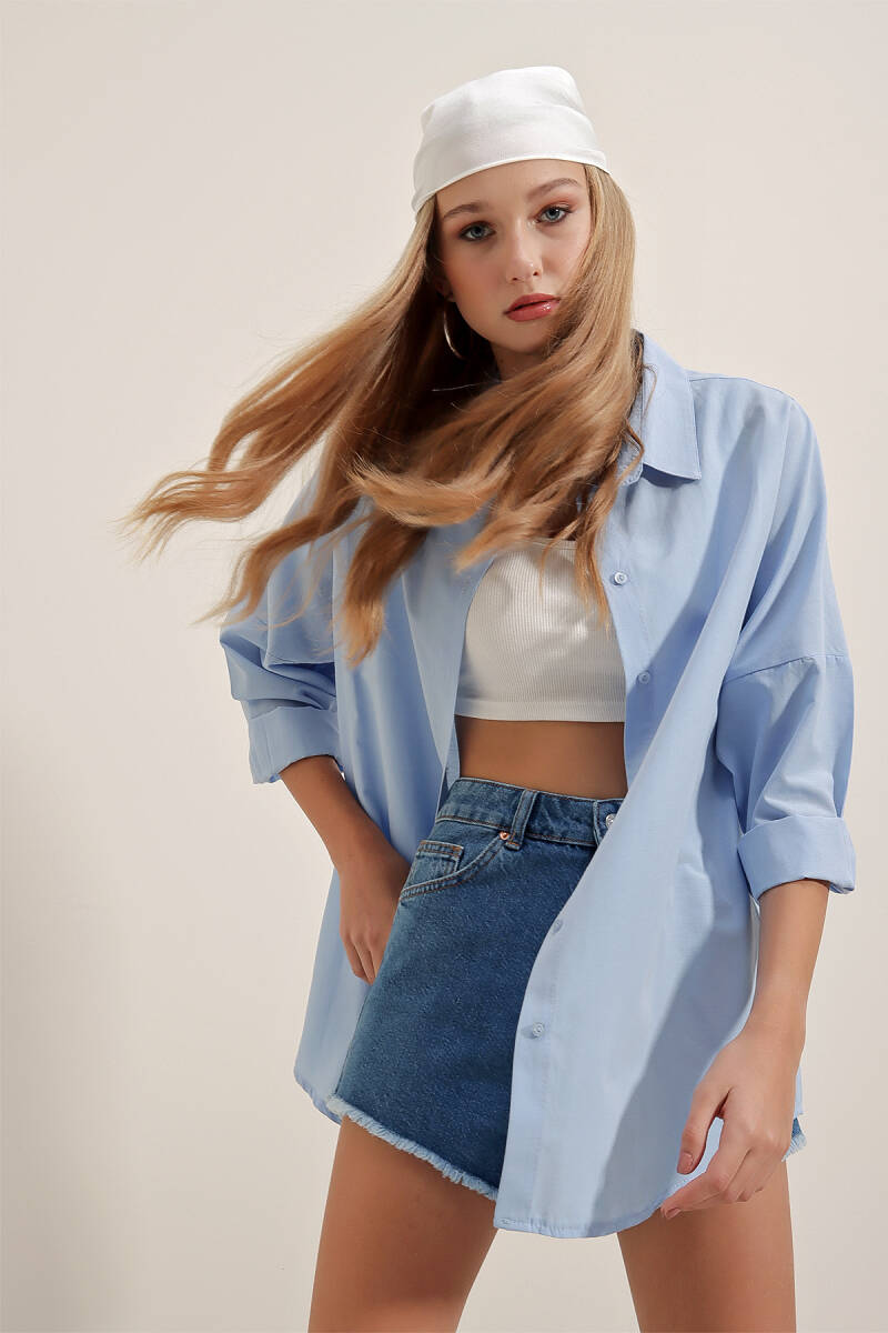 3900 Oversize Uzun Basic Gömlek - Mavi - BİGDART