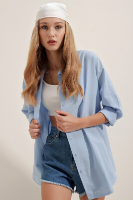 3900 Oversize Uzun Basic Gömlek - Mavi - 3