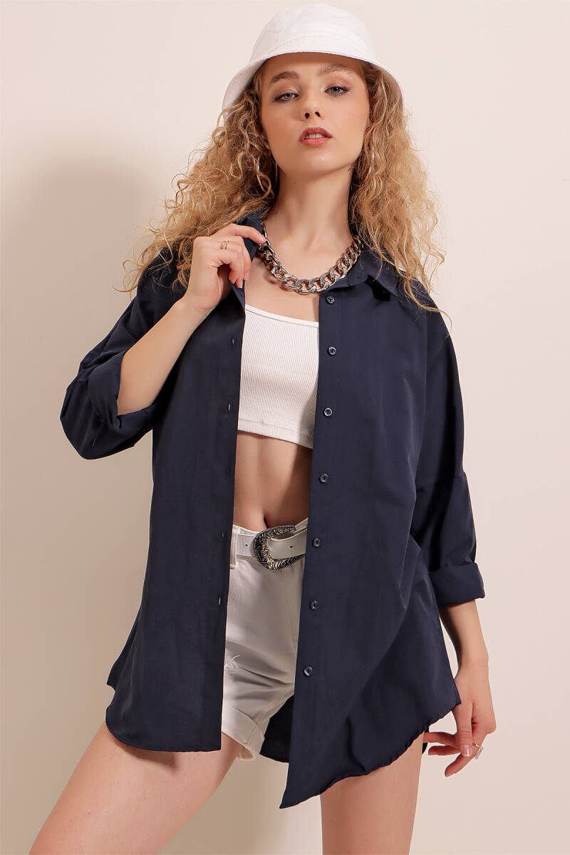 3900 Oversize Uzun Basic Gömlek - Lacivert - BİGDART
