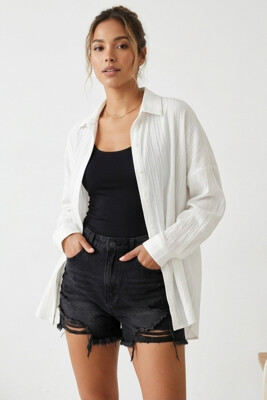 3900 Oversize Uzun Basic Gömlek - A.Beyaz - 3