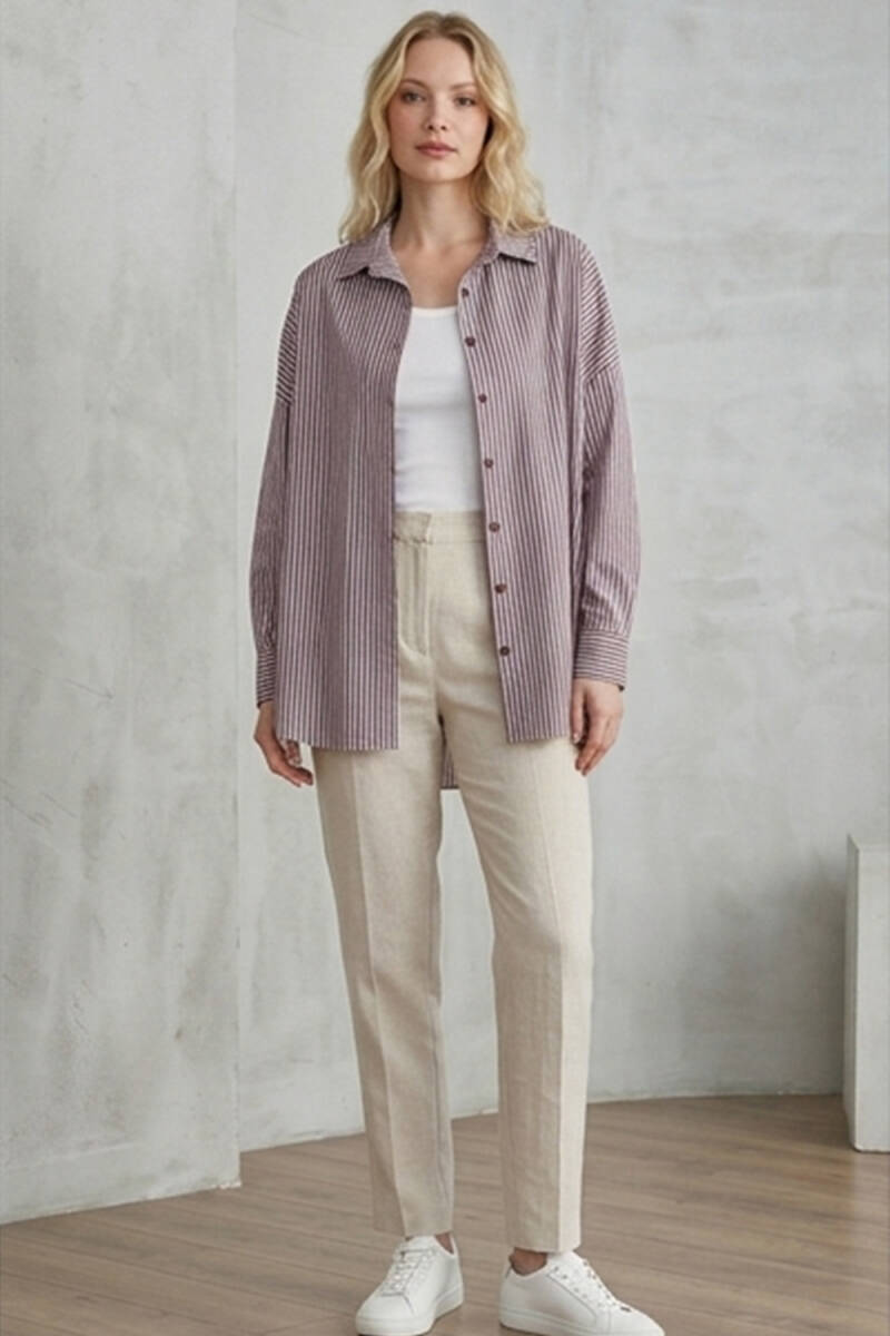 3900 Oversize Çizgili Uzun Basic Gömlek - BİGDART