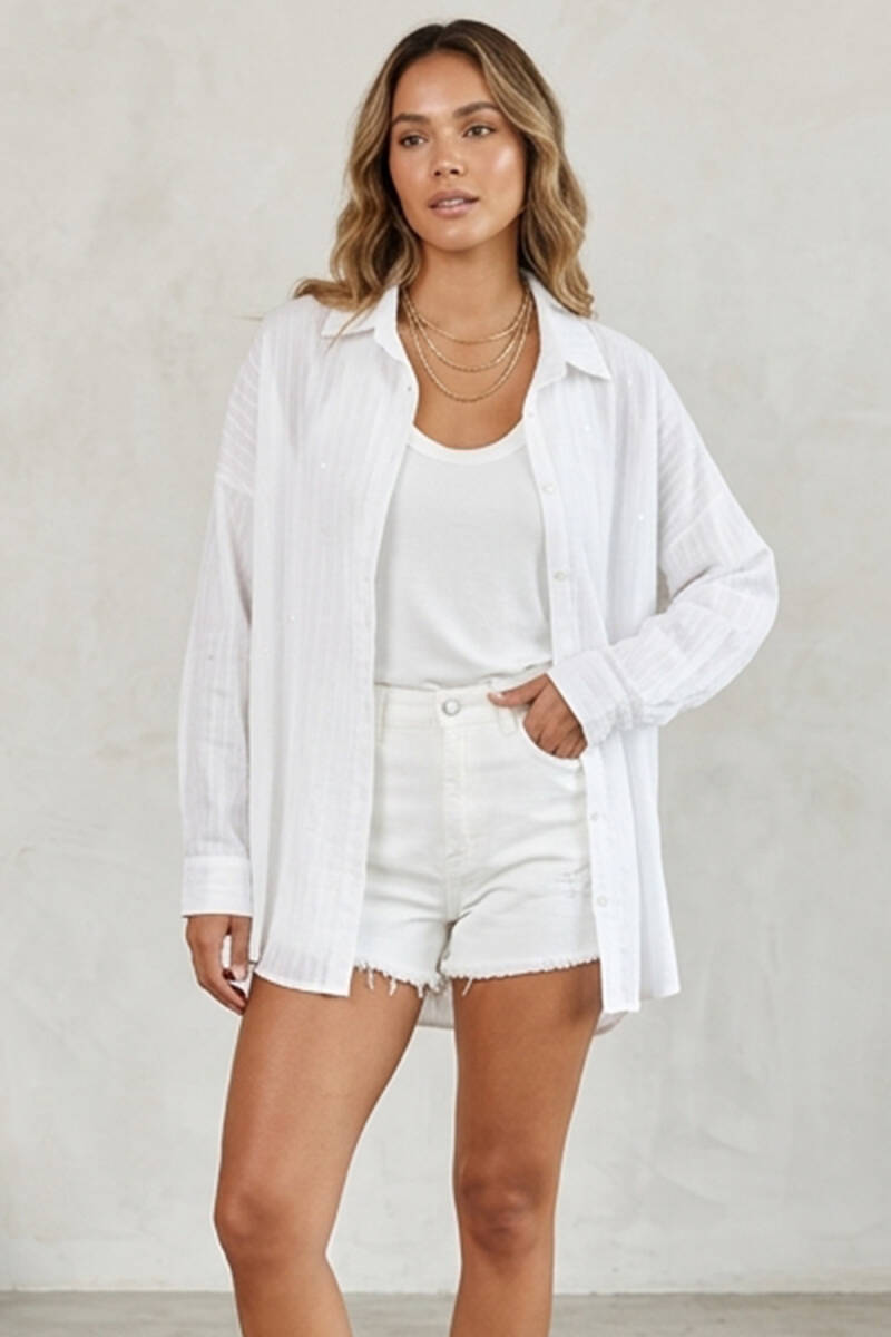 3900 Oversize Uzun Basic Gömlek - B.Beyaz - BİGDART