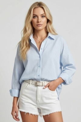 Kadın Bebe Mavi Siyah Çizgili Oversize Uzun Basic Gömlek 3900 