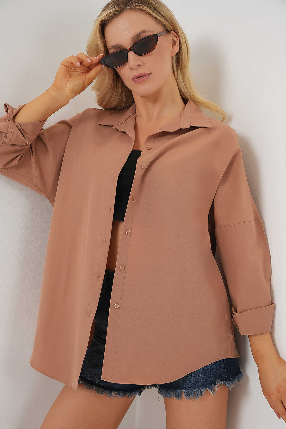 3900 Oversize Uzun Basic Gömlek - Camel - 1