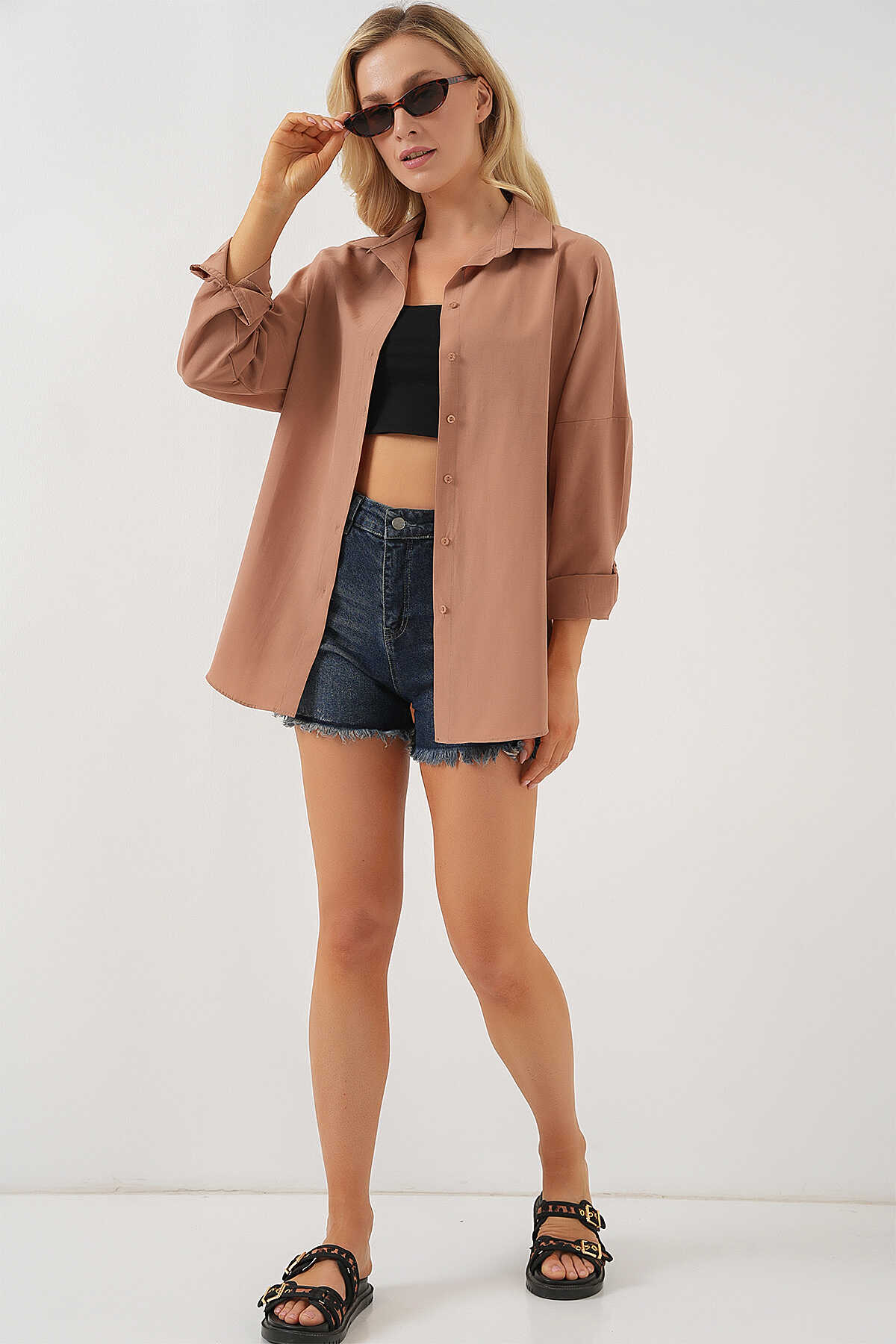 3900 Oversize Uzun Basic Gömlek - Camel - 2