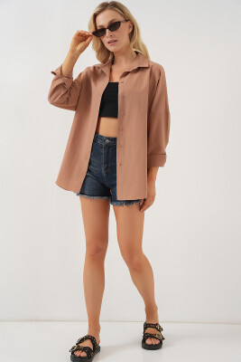3900 Oversize Uzun Basic Gömlek - Camel - 2