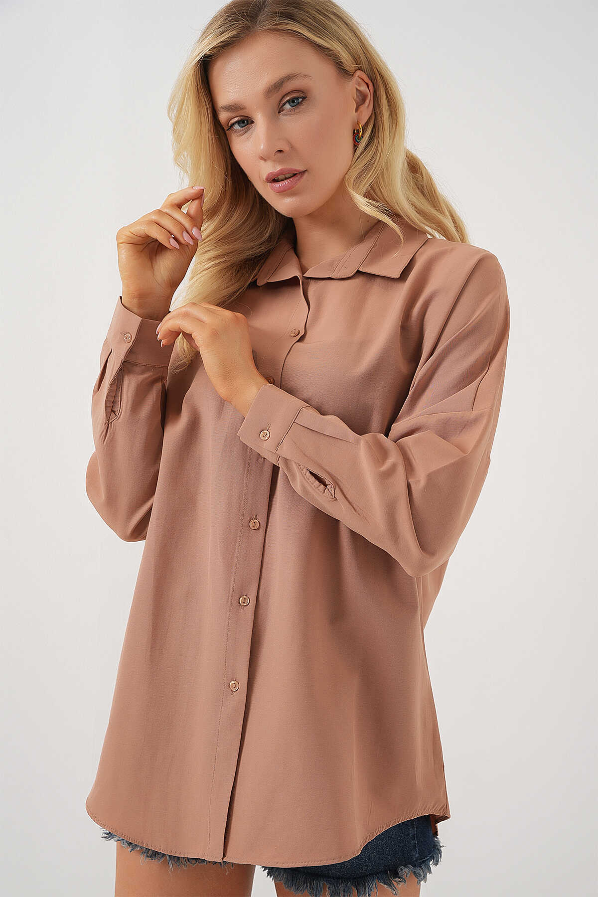 3900 Oversize Uzun Basic Gömlek - Camel - 3