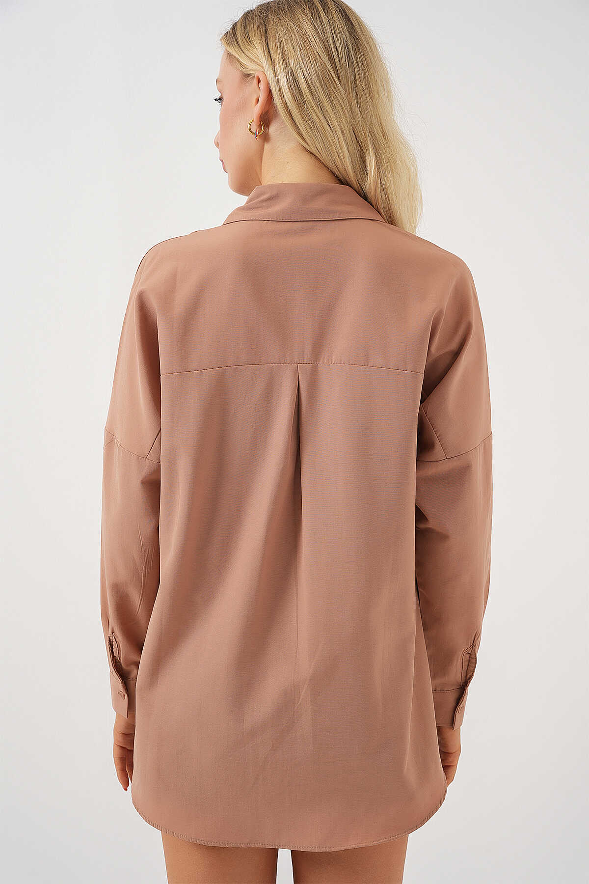 3900 Oversize Uzun Basic Gömlek - Camel - 6
