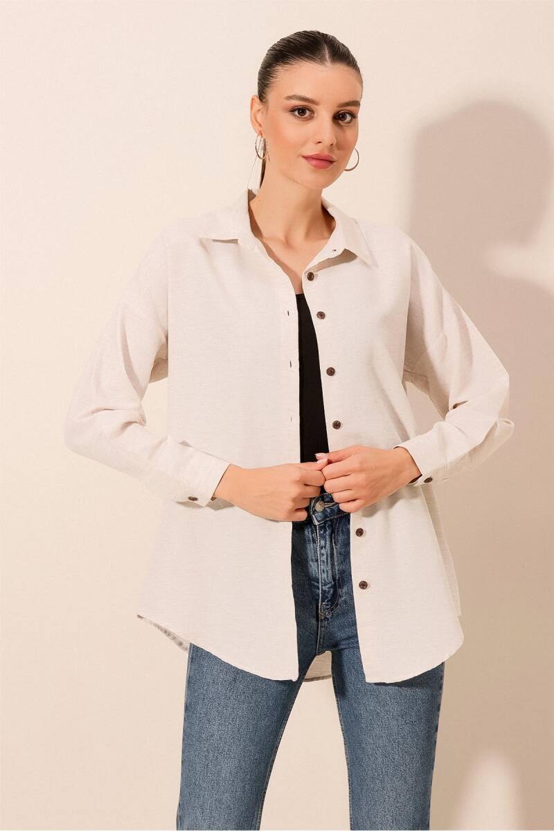 Kadın Krem Düz Oversize Uzun Basic Gömlek 3900 - BİGDART