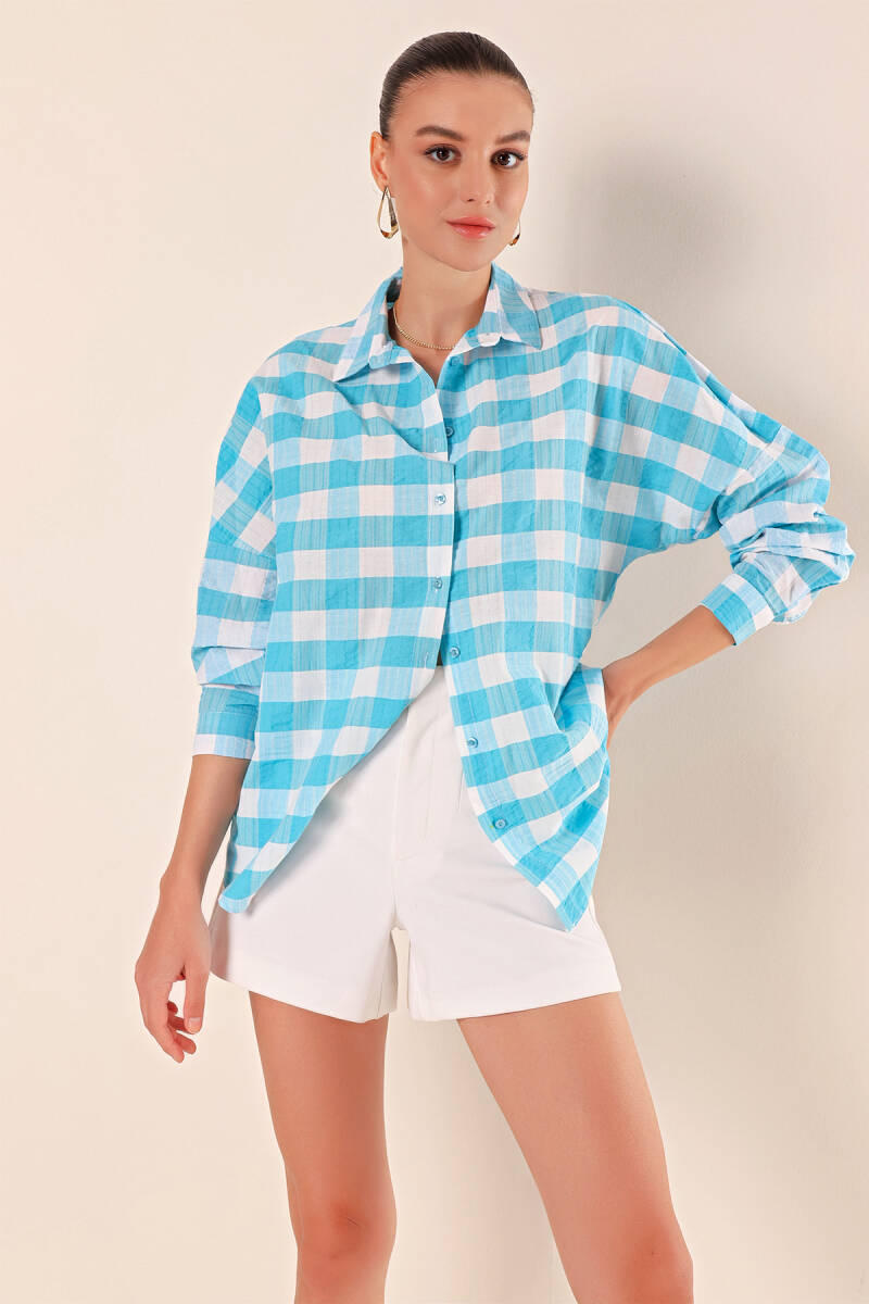 3900 Oversize Uzun Basic Gömlek - E. Mavi - BİGDART