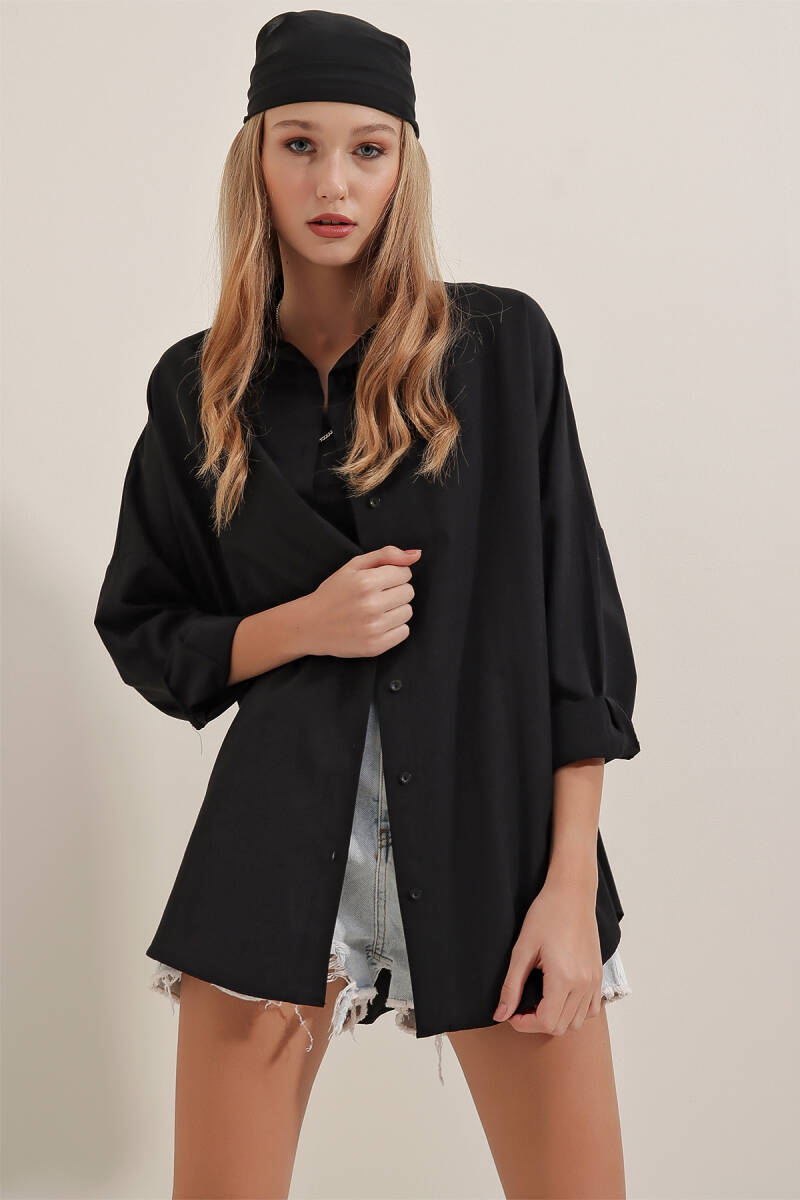 Kadın Siyah Oversize Uzun Basic Gömlek 3900 - BİGDART