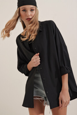 Kadın Siyah Oversize Uzun Basic Gömlek 3900 - 2