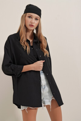 Kadın Siyah Oversize Uzun Basic Gömlek 3900 - 5