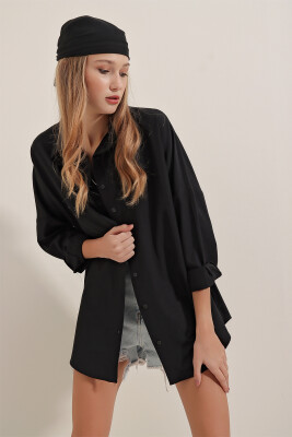 Kadın Siyah Oversize Uzun Basic Gömlek 3900 - 6