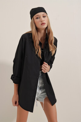 Kadın Siyah Oversize Uzun Basic Gömlek 3900 - 7