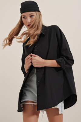 Kadın Siyah Oversize Uzun Basic Gömlek 3900 - 8