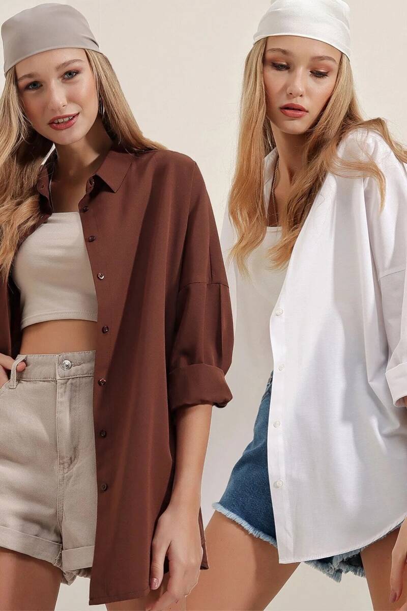 3900 Oversize Uzun Basic Gömlek İkili Paket - Beyaz Ve Kahve - BİGDART