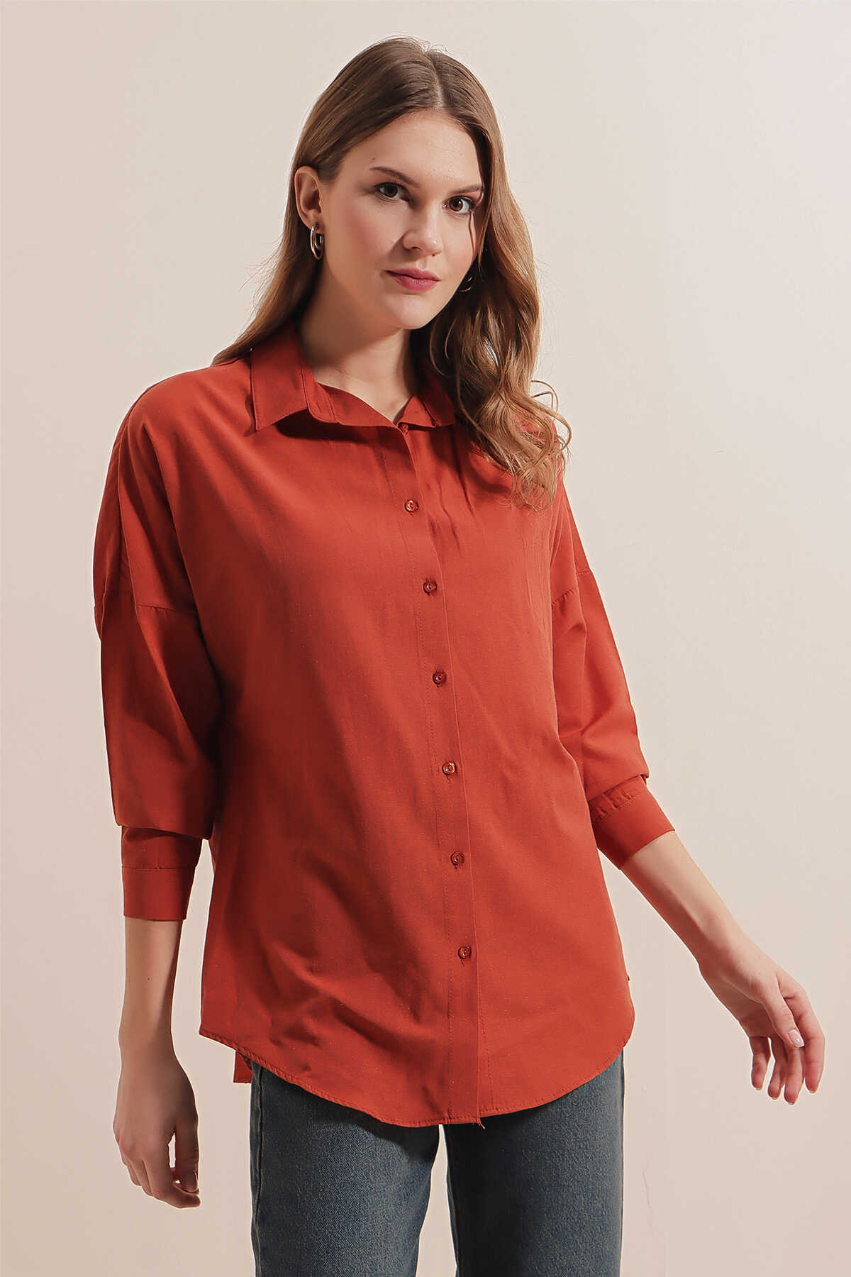 3900 Oversize Uzun Basic Gömlek - Kiremit - 2