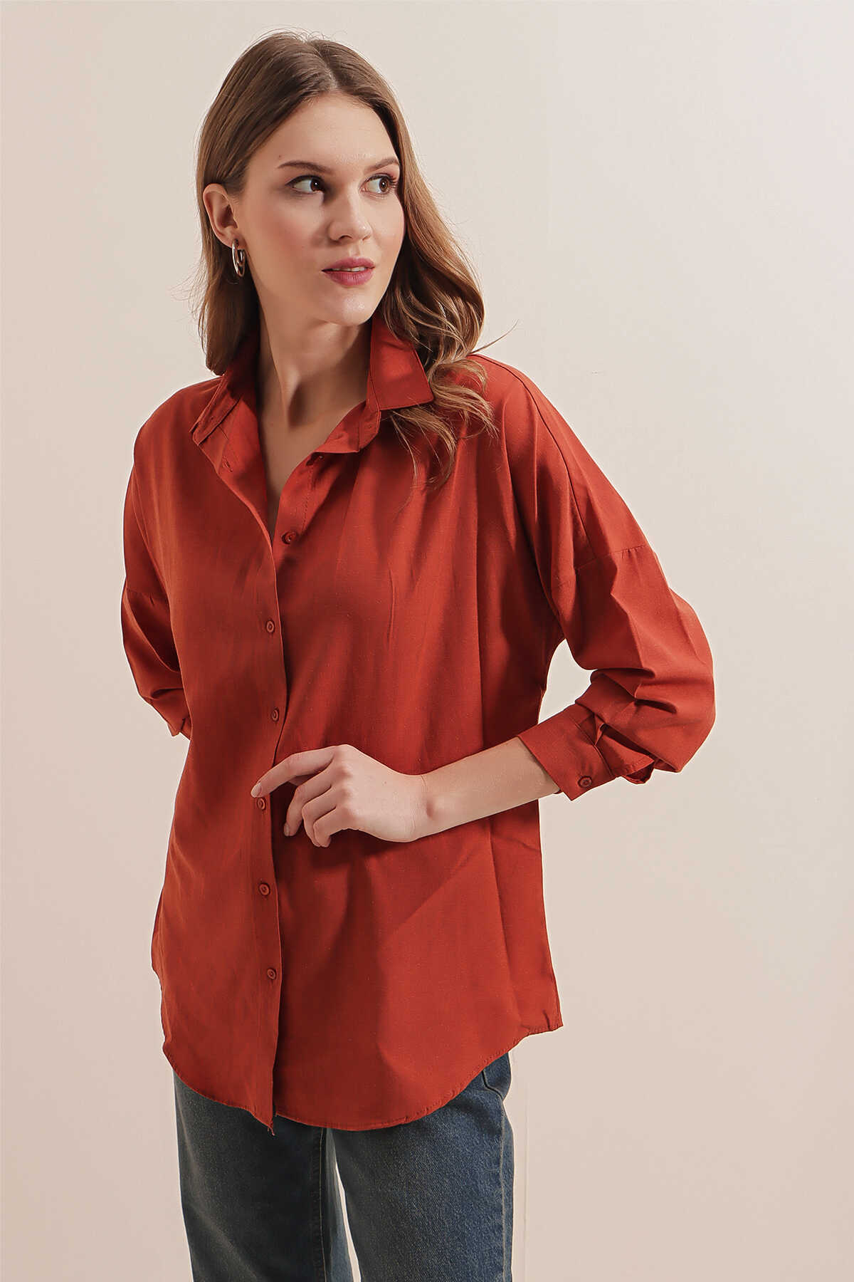 3900 Oversize Uzun Basic Gömlek - Kiremit - 4