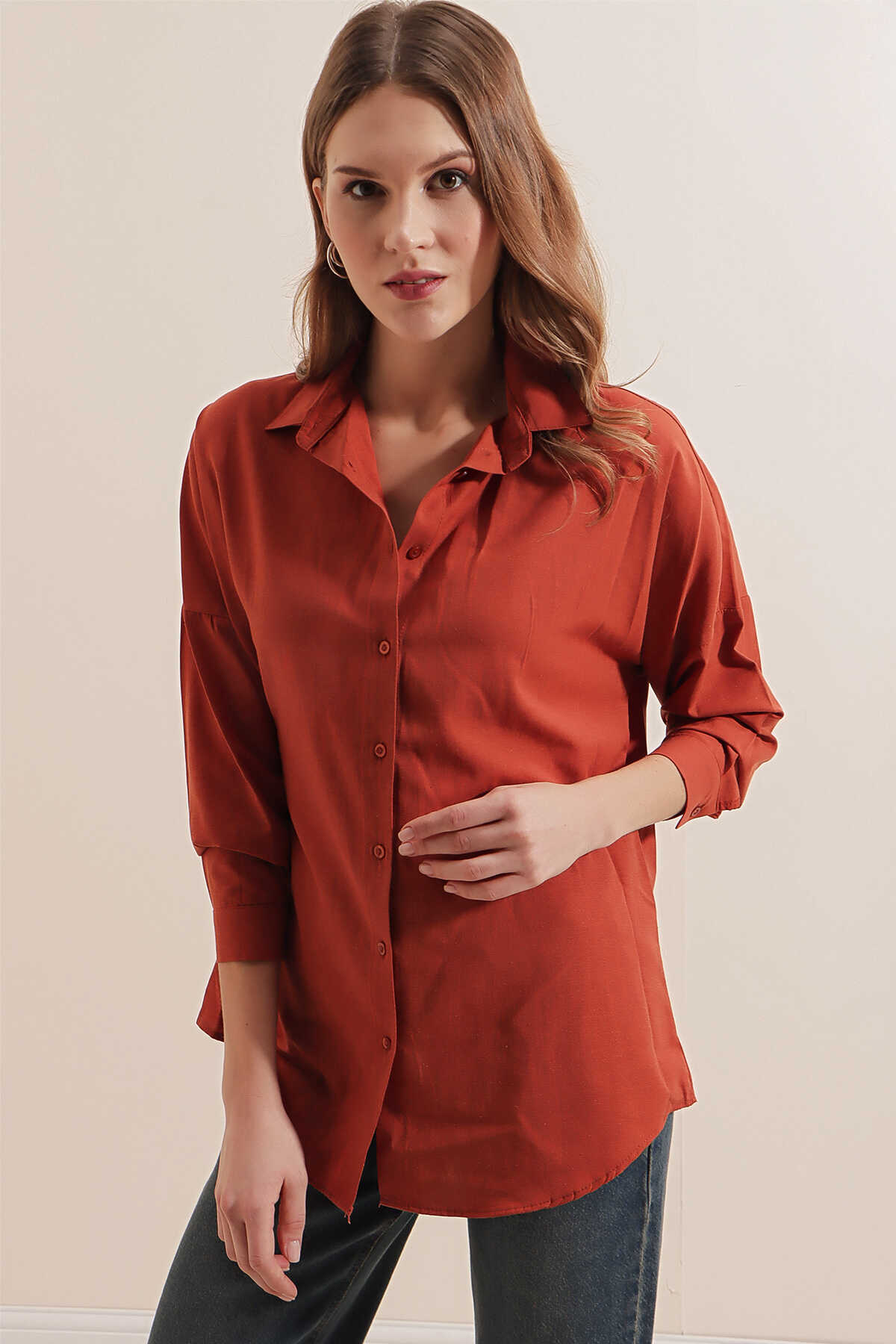 3900 Oversize Uzun Basic Gömlek - Kiremit - 5