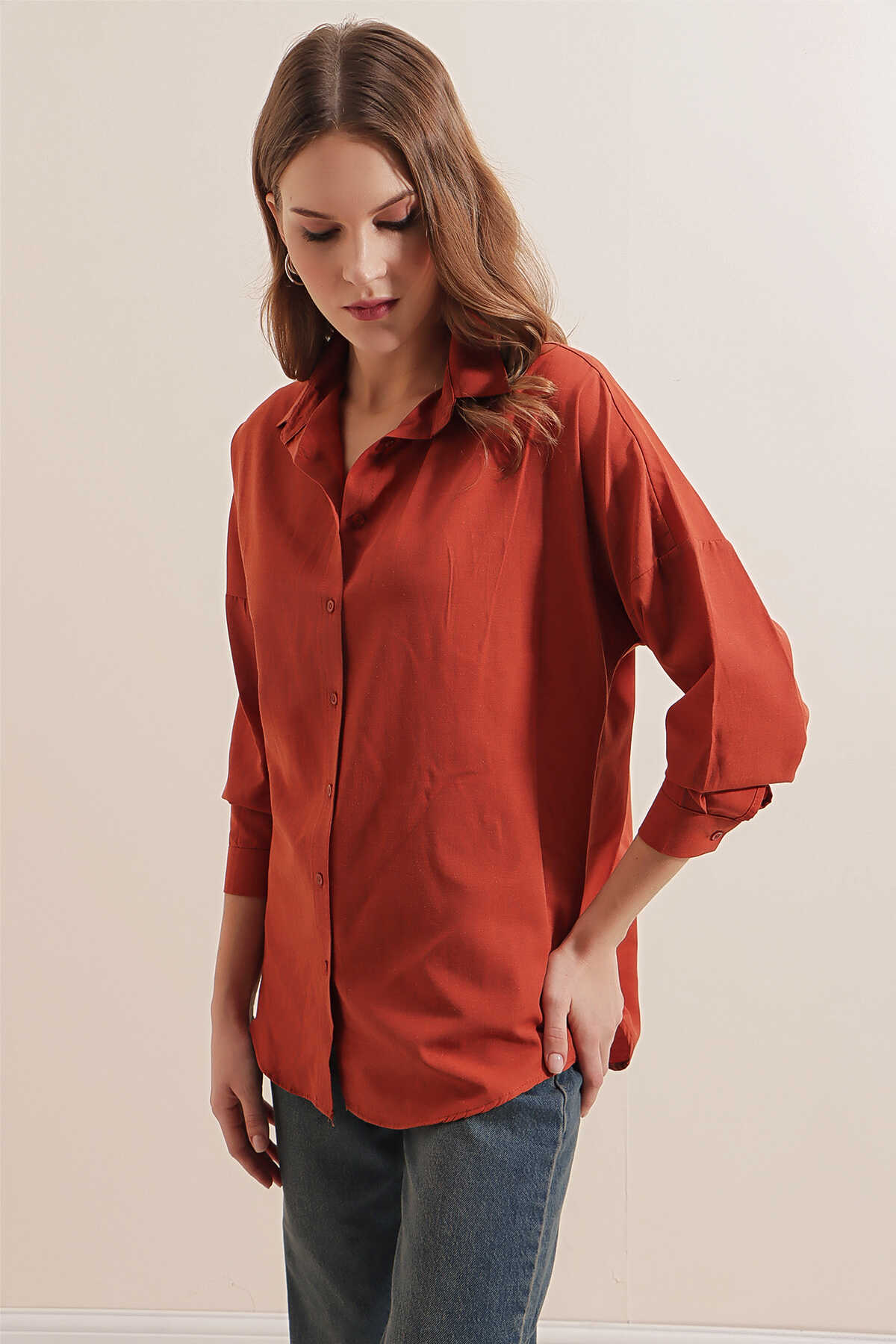 3900 Oversize Uzun Basic Gömlek - Kiremit - 6