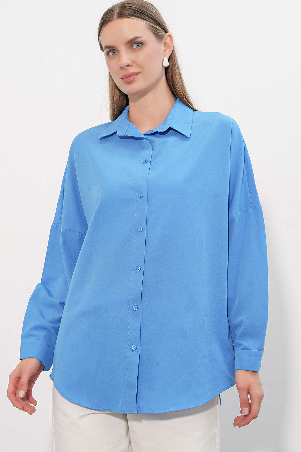 3900 Oversize Uzun Basic Gömlek - Koyu Mavi - 3