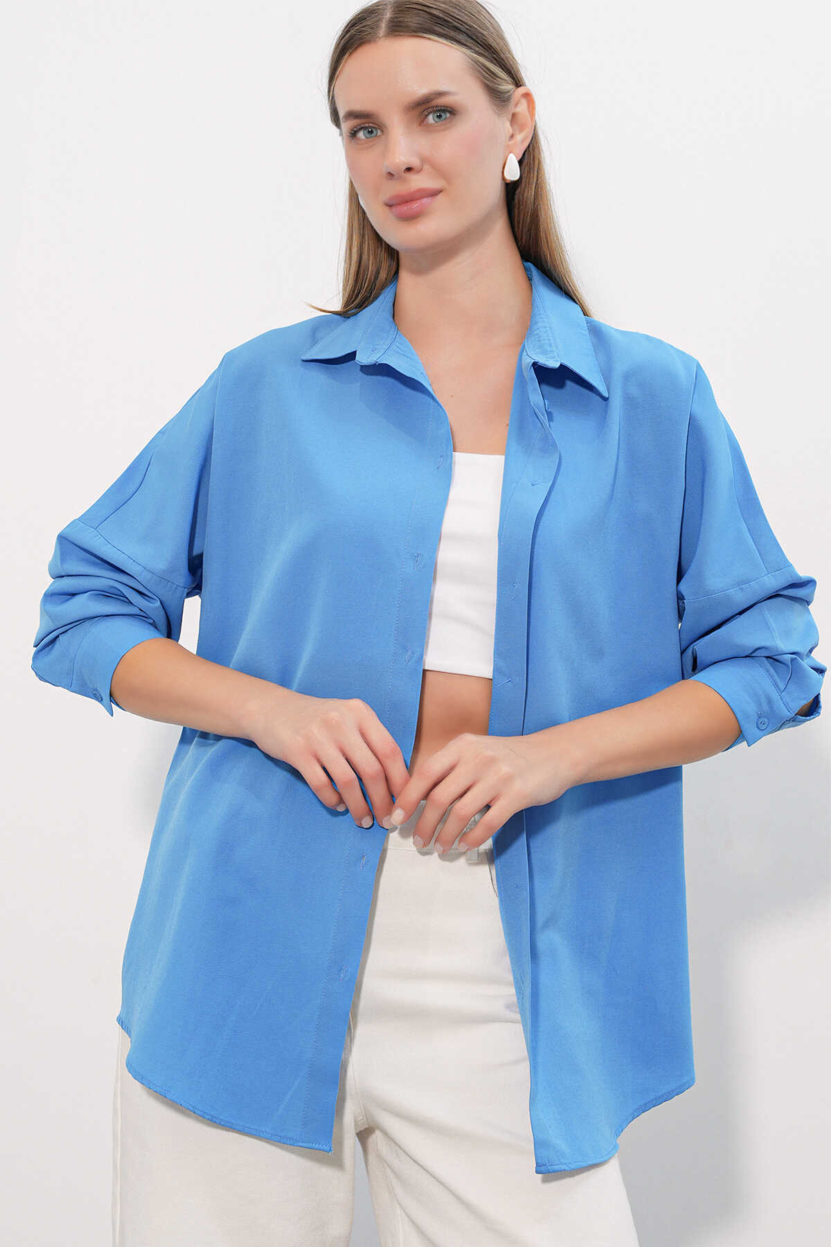 3900 Oversize Uzun Basic Gömlek - Koyu Mavi - 4