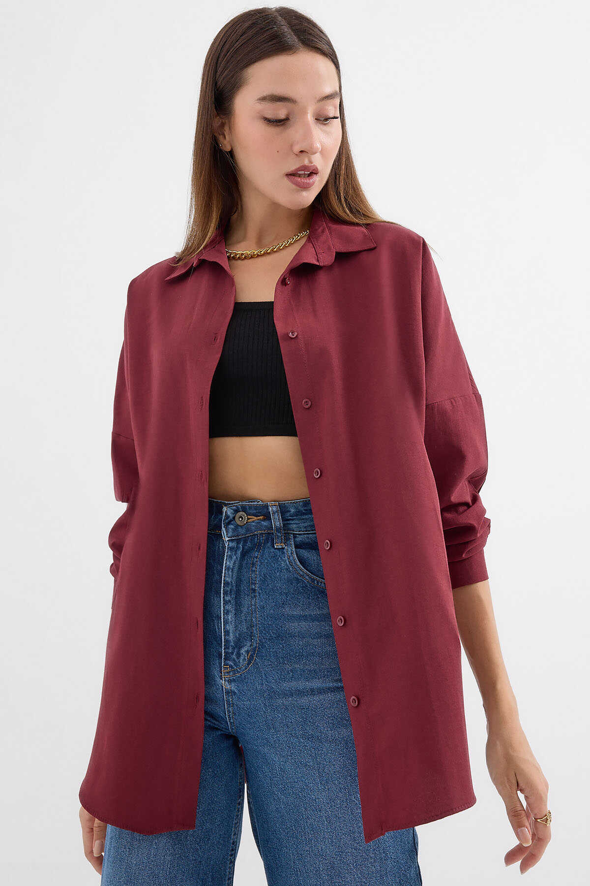 3900 Oversize Uzun Basic Gömlek - Mürdüm - 1