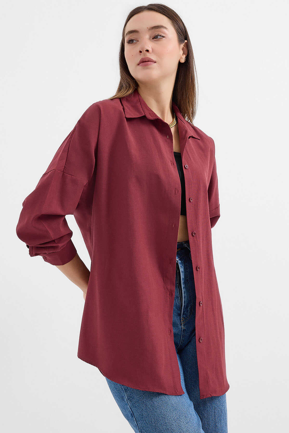 3900 Oversize Uzun Basic Gömlek - Mürdüm - 3