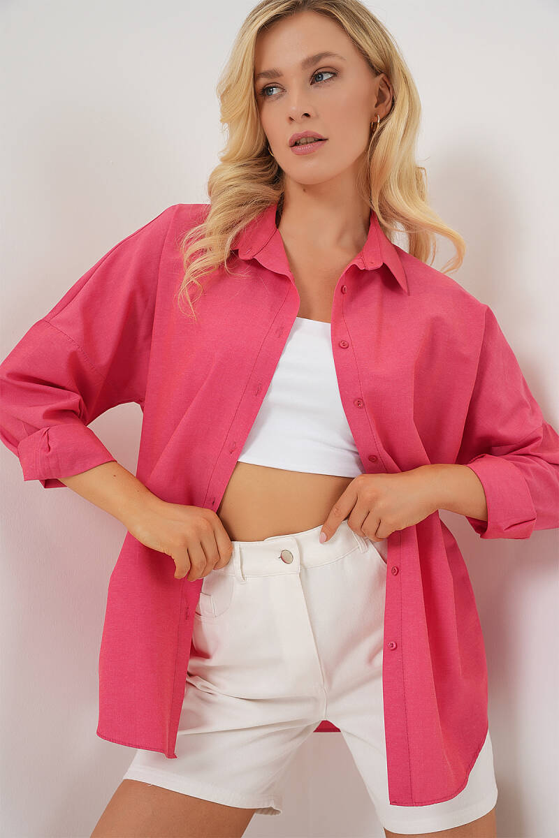 3900 Oversize Uzun Basic Gömlek - Nar - BİGDART