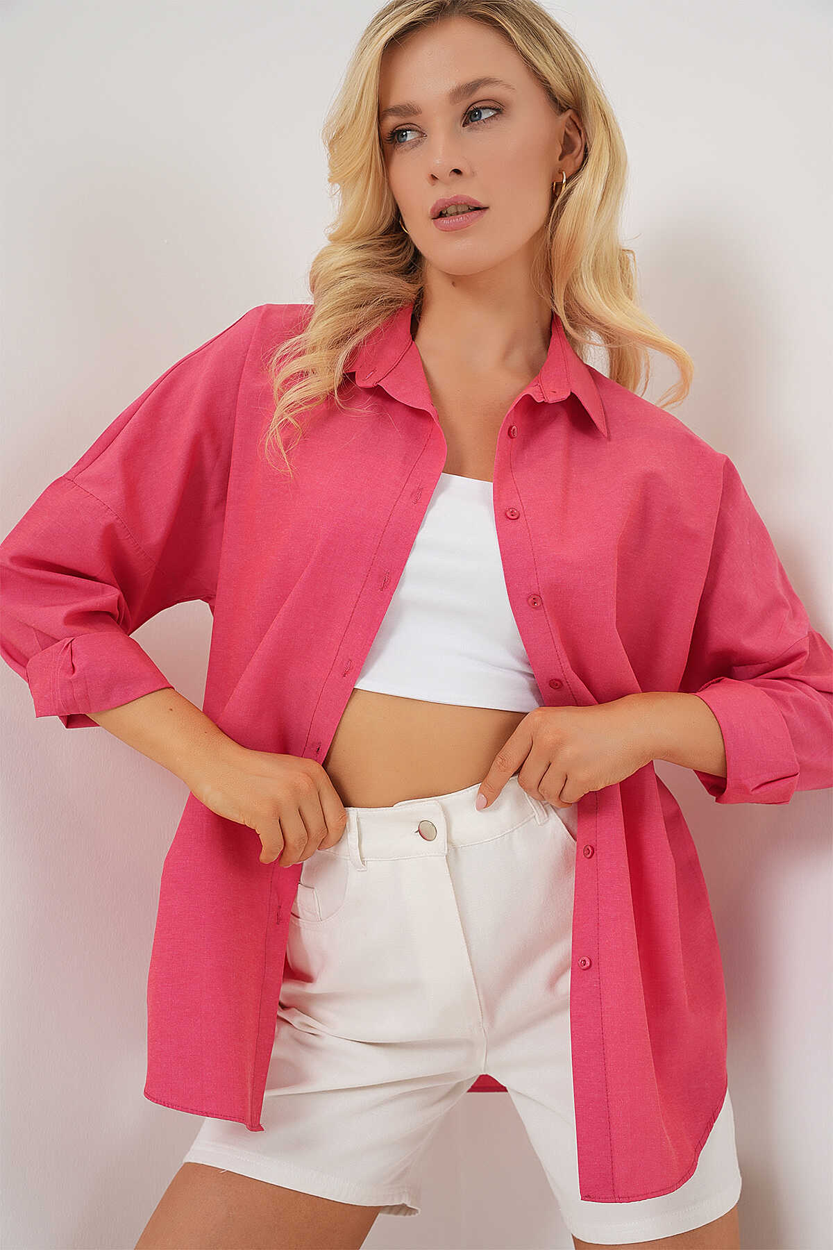 3900 Oversize Uzun Basic Gömlek - Nar - 1