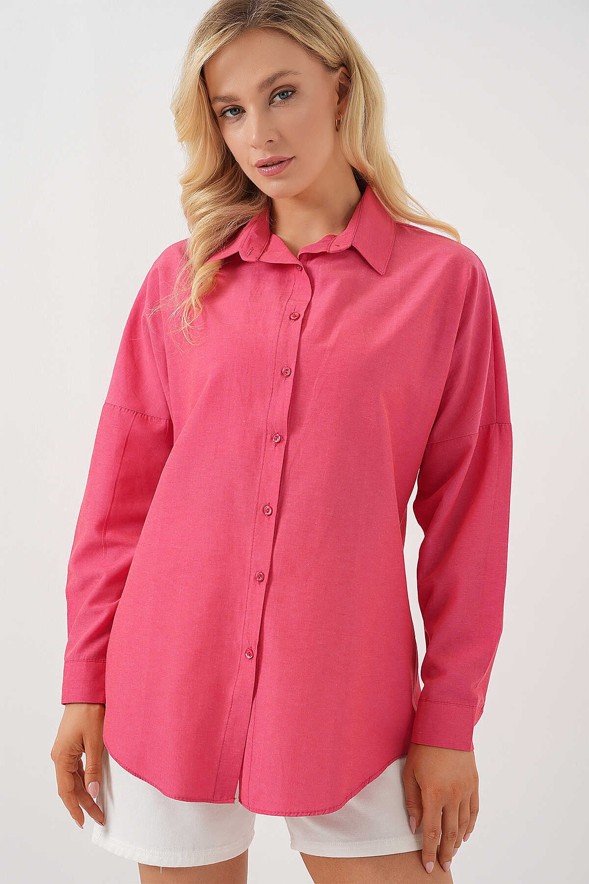 3900 Oversize Uzun Basic Gömlek - Nar - 3