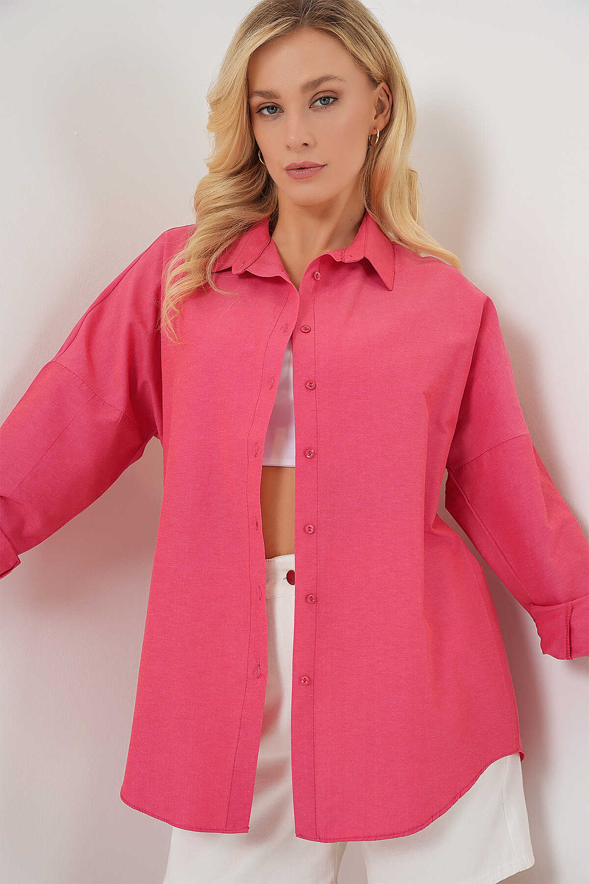 3900 Oversize Uzun Basic Gömlek - Nar - 4