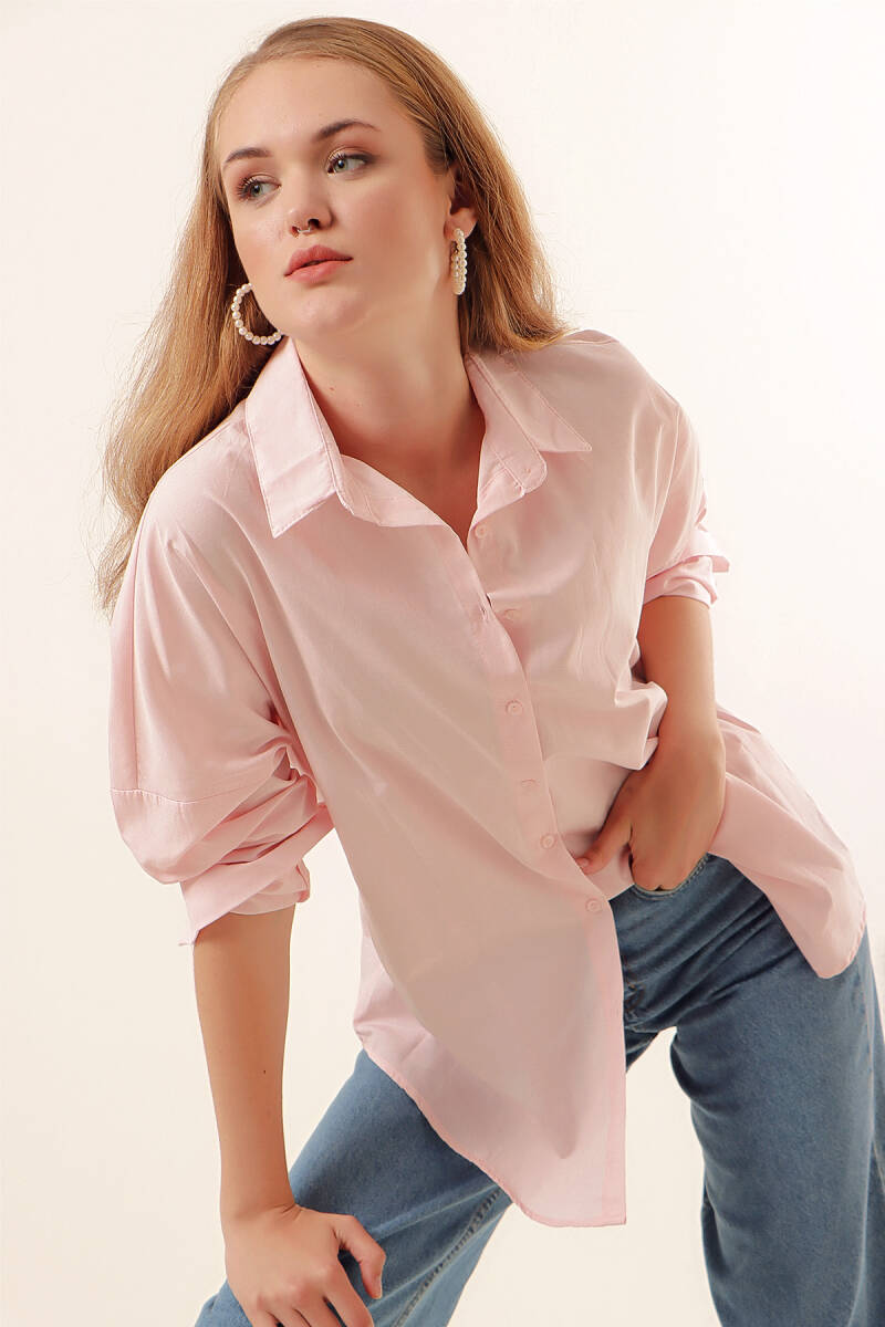 3900 Oversize Uzun Basic Gömlek - Pudra - BİGDART