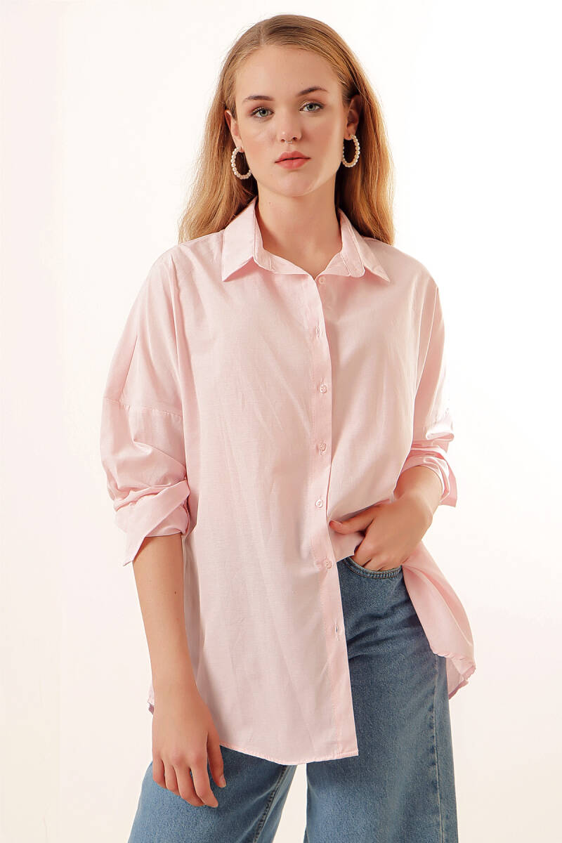 3900 Oversize Uzun Basic Gömlek - Pudra (1)