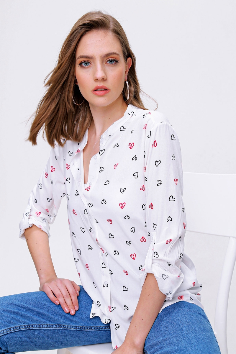 3901 Desenli Hakim Yaka Gömlek - Beyaz - BİGDART