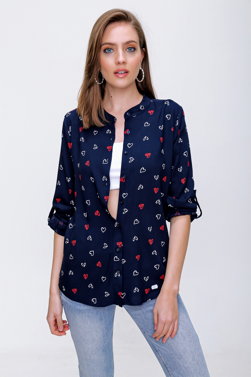 3901 Desenli Hakim Yaka Gömlek - Lacivert - BİGDART
