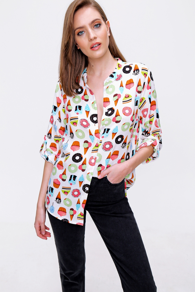3901 Desenli Hakim Yaka Gömlek - Ekru - BİGDART
