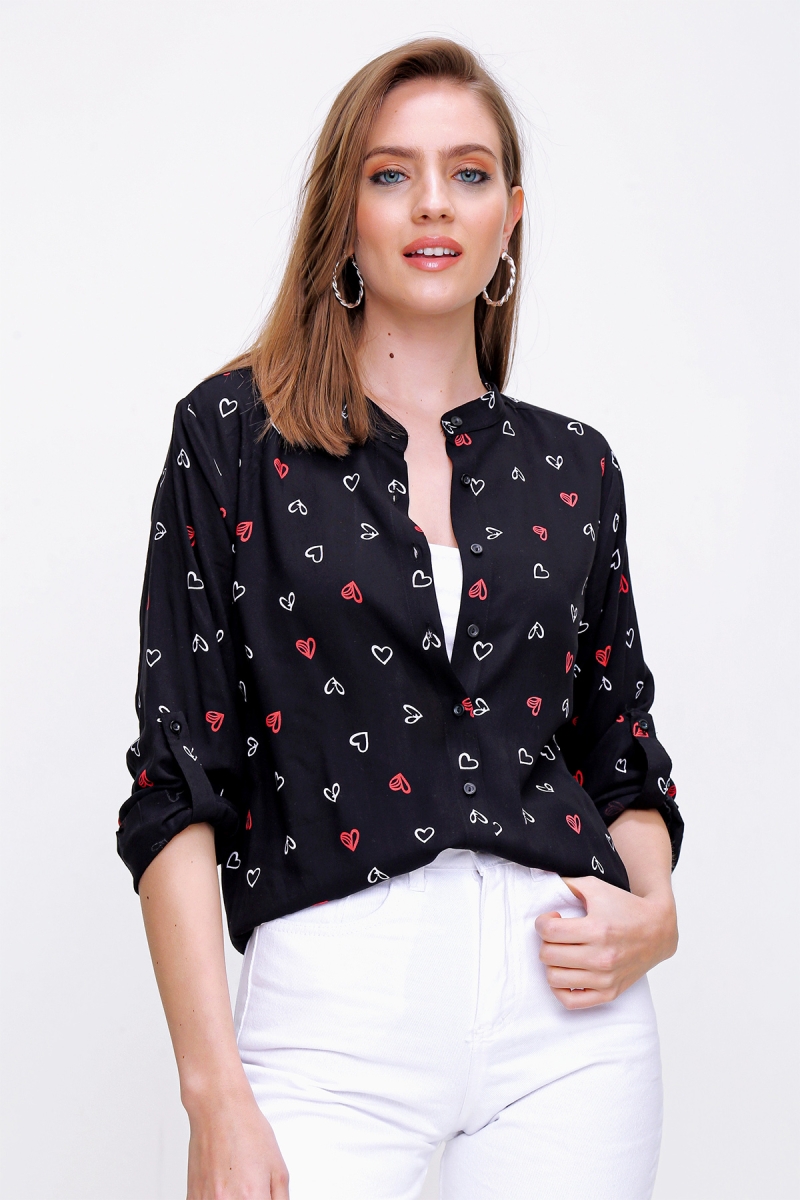 3901 Desenli Hakim Yaka Gömlek - Siyah - BİGDART