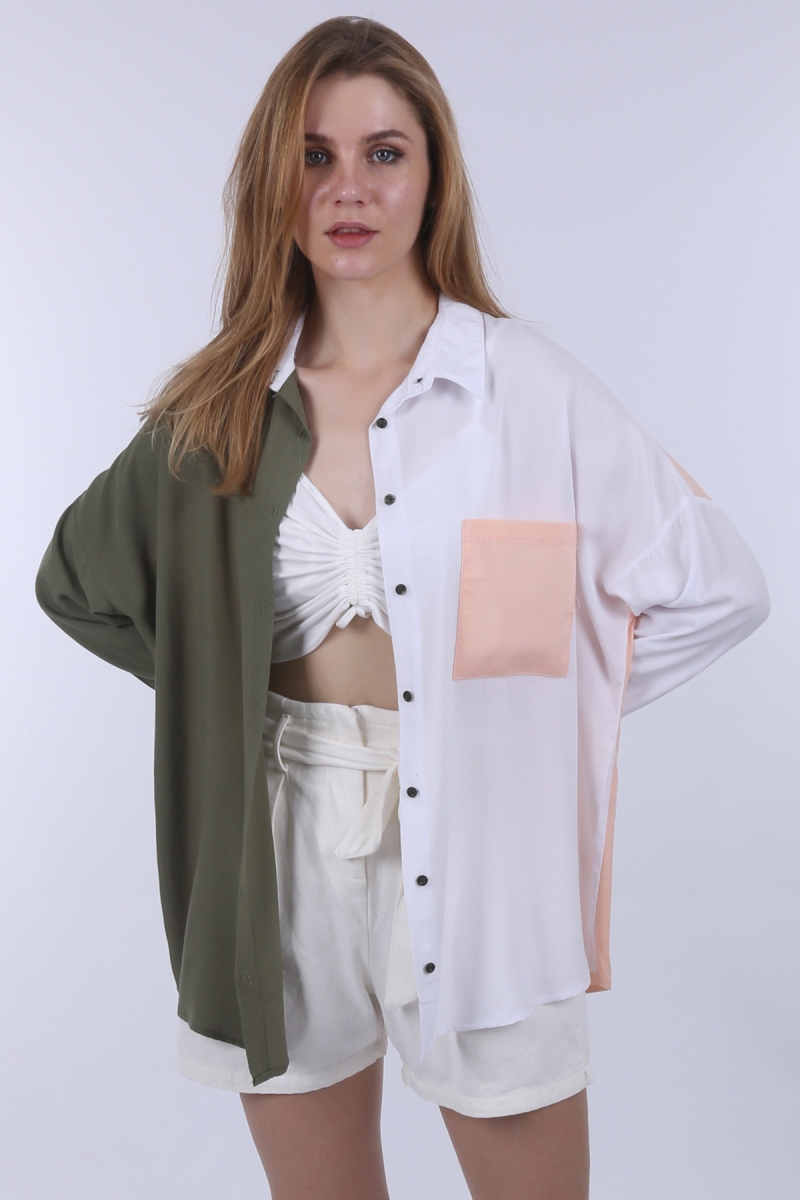 3904 Blok Renkli Oversize Gömlek - Koyu Haki - BİGDART