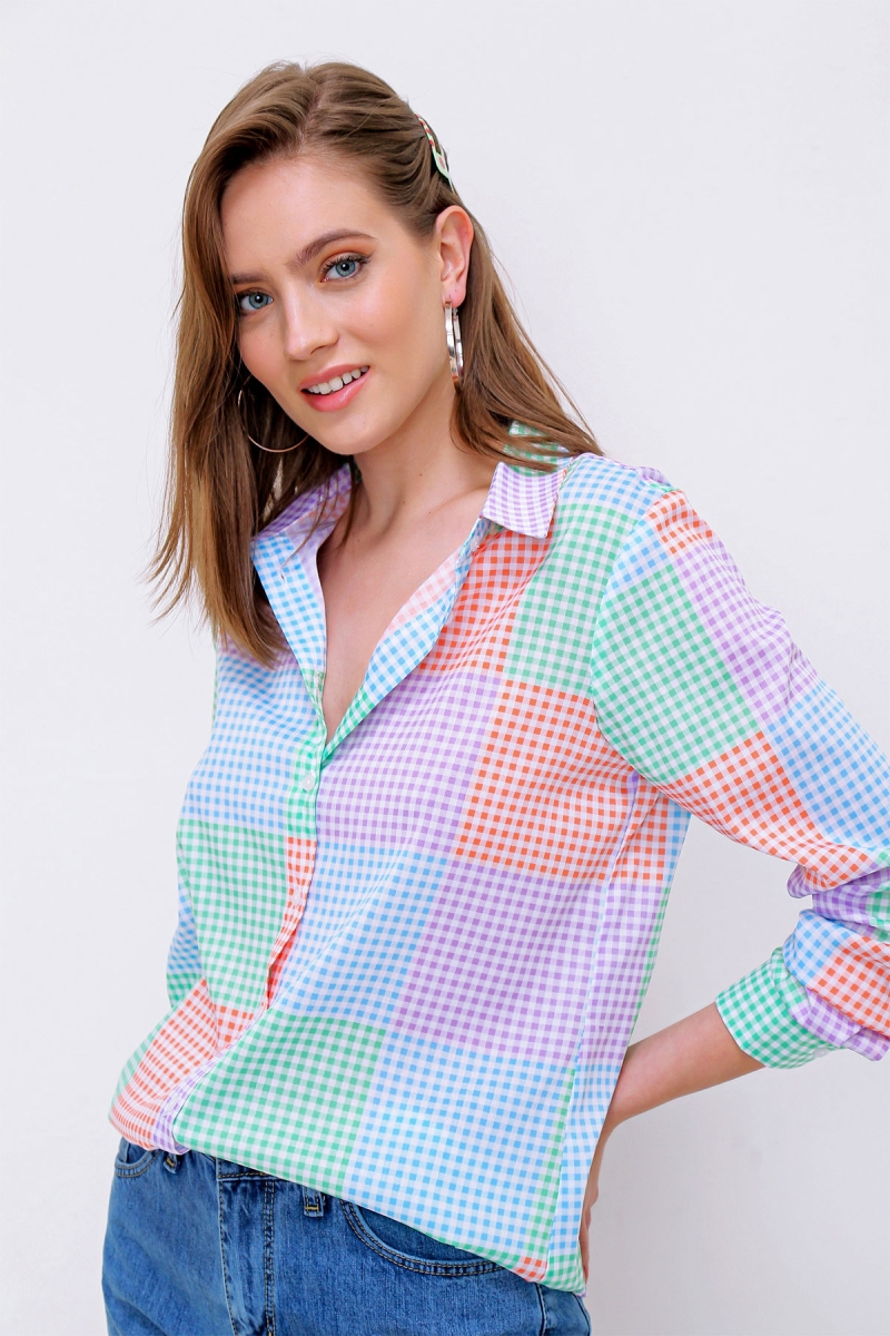 3908 Çok Renkli Ekoseli Poplin Gömlek - Yeşil - BİGDART